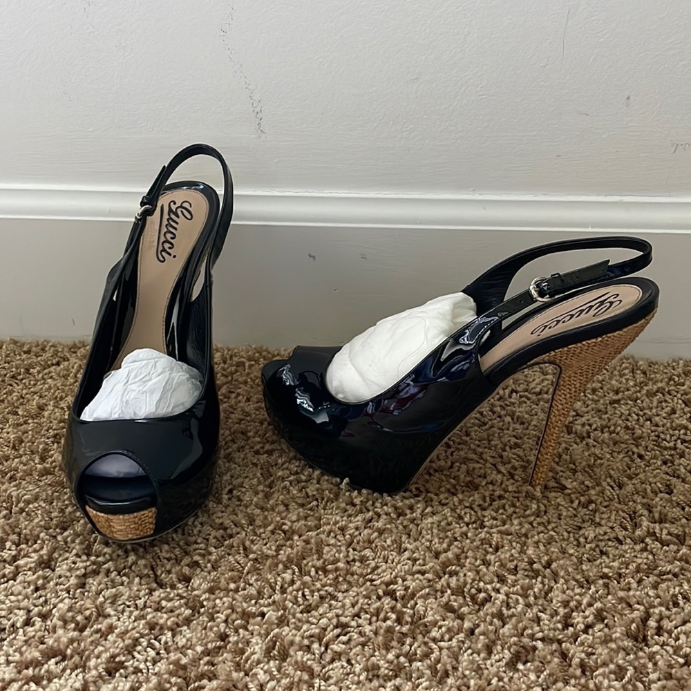 Gucci Leather & Wicker Sling Backs